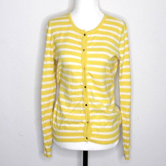 Liz Claiborne 100%  Cotton Yellow White Stripe Cardigan Sweater Size S - Picture 1 of 16